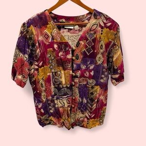 Vintage 80’s gold bling chunky button pink purple batik aztec lightweight top